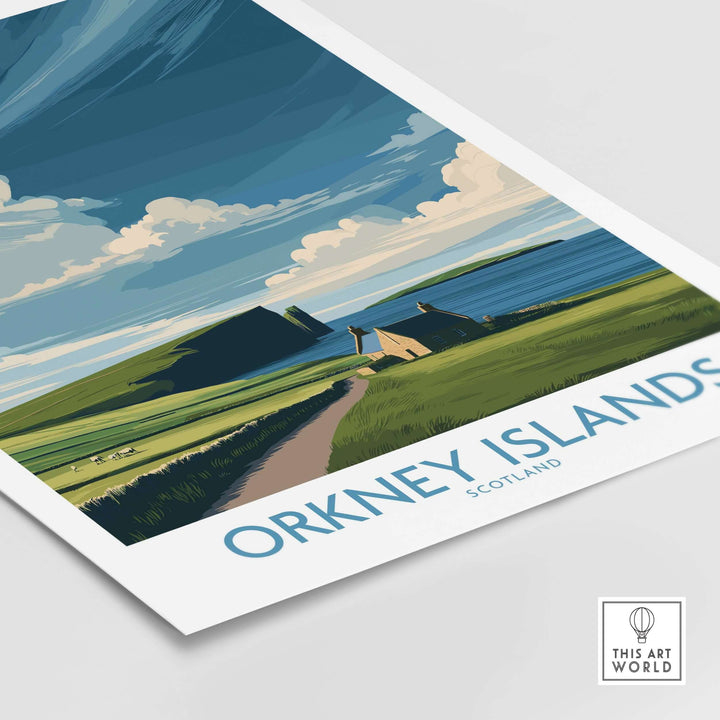 Orkney Islands wall art depicting scenic Scotland landscape with rolling hills and clouds.