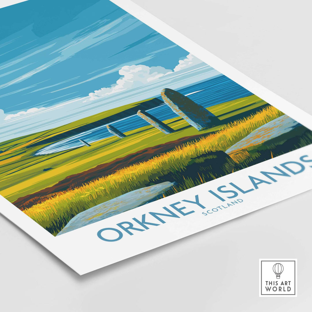 Orkney Islands Scotland prehistoric stones poster showcasing ancient sites and vibrant landscapes for travel decor.
