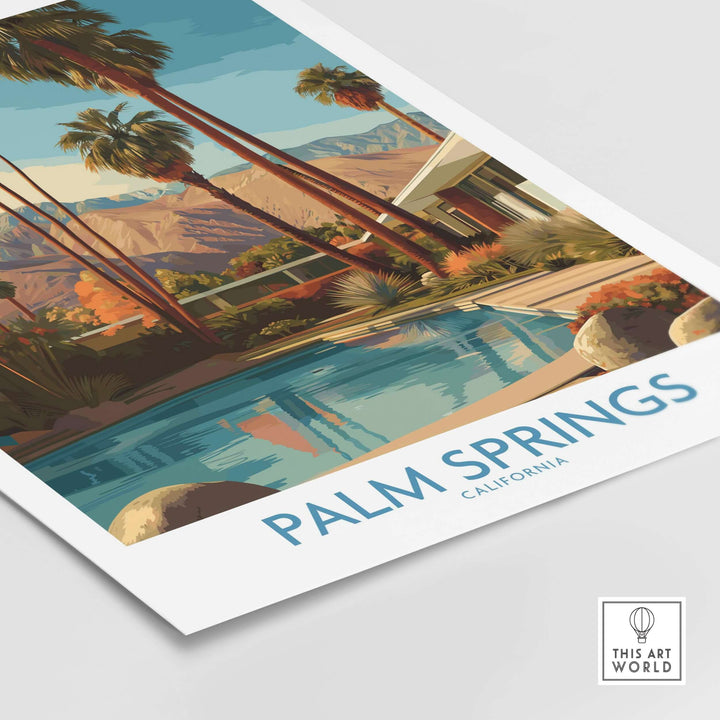 Palm Springs California poolside mountain view print capturing sunny vibes and desert peaks in vibrant colors.