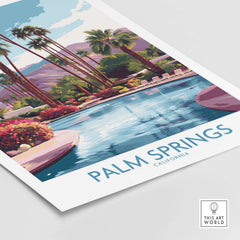 Palm Springs California Vibrant Garden Poster - California Resort Decor showcasing a colorful poolside scene with palm trees.