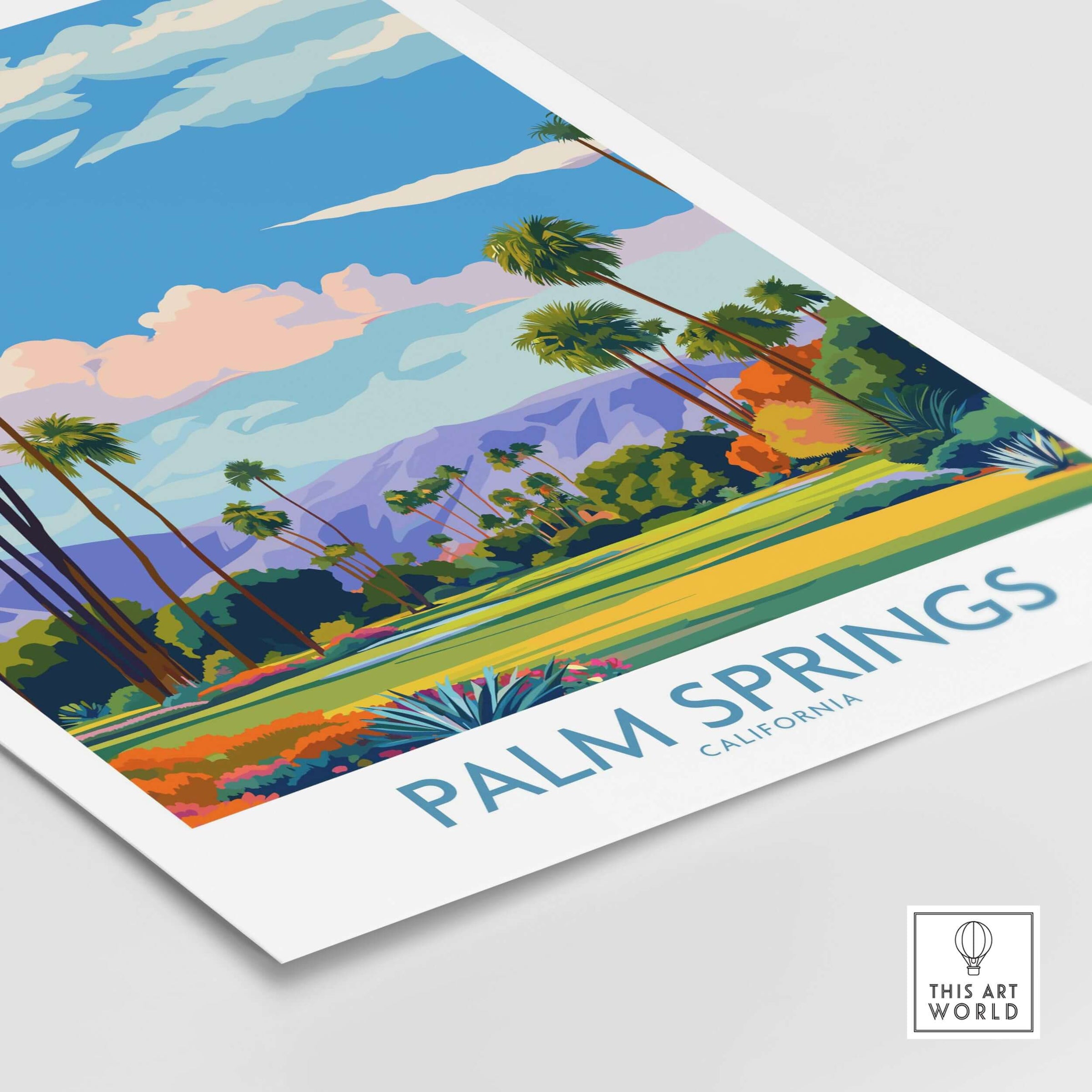 Palm Springs Palm Tree Oasis Wall Art - California Travel Poster featuring vibrant palm trees and mountains.