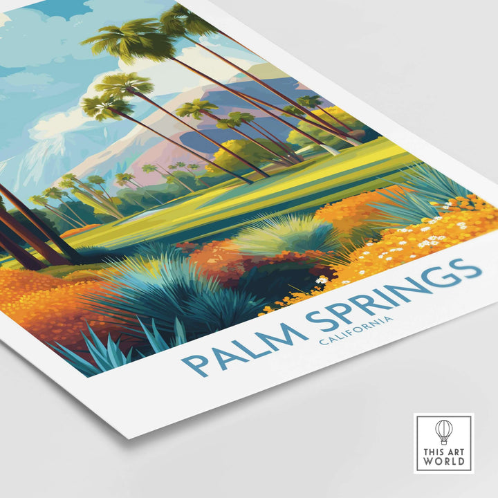 Vibrant Palm Springs garden poster featuring lush greens and bright colors, perfect for California golf vacation decor.