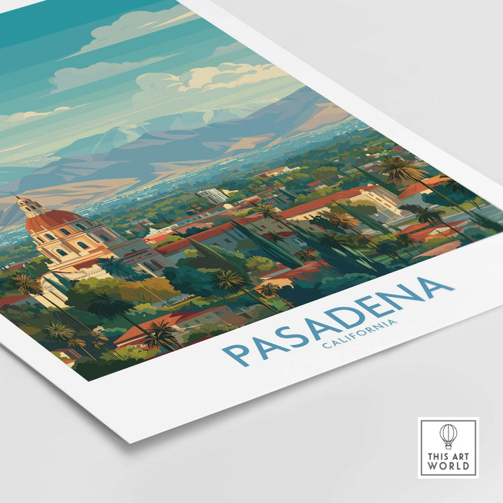 Pasadena California skyline wall art print featuring city architecture and scenic mountains.