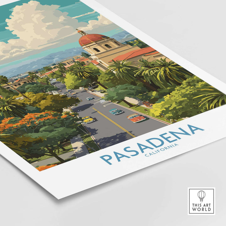 Pasadena California travel poster showcasing vibrant city views and iconic architecture.