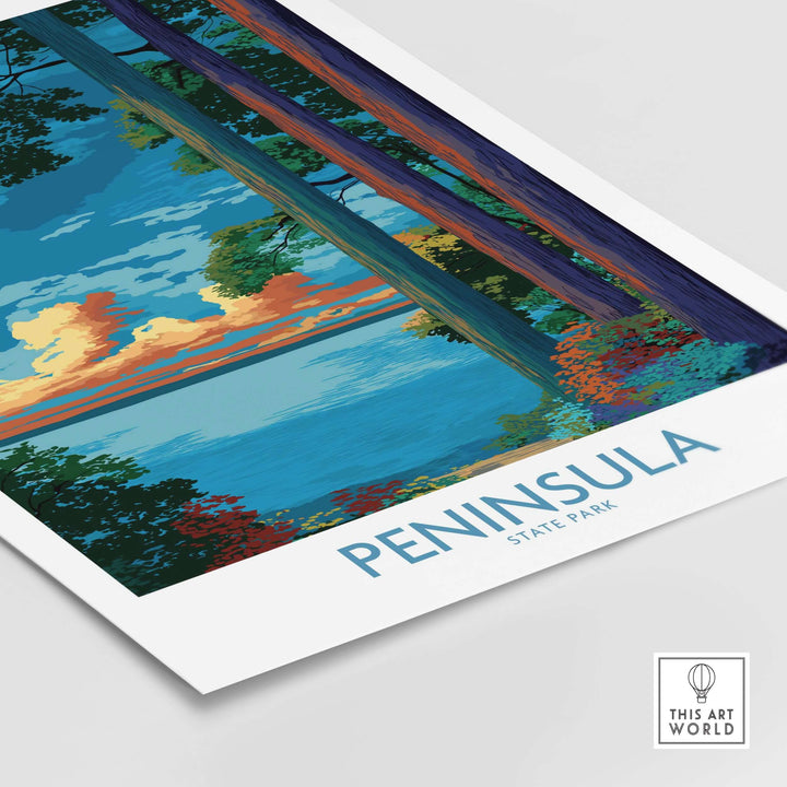 Vibrant landscape print of Peninsula State Park, showcasing colorful trees and serene waters for nature decor.