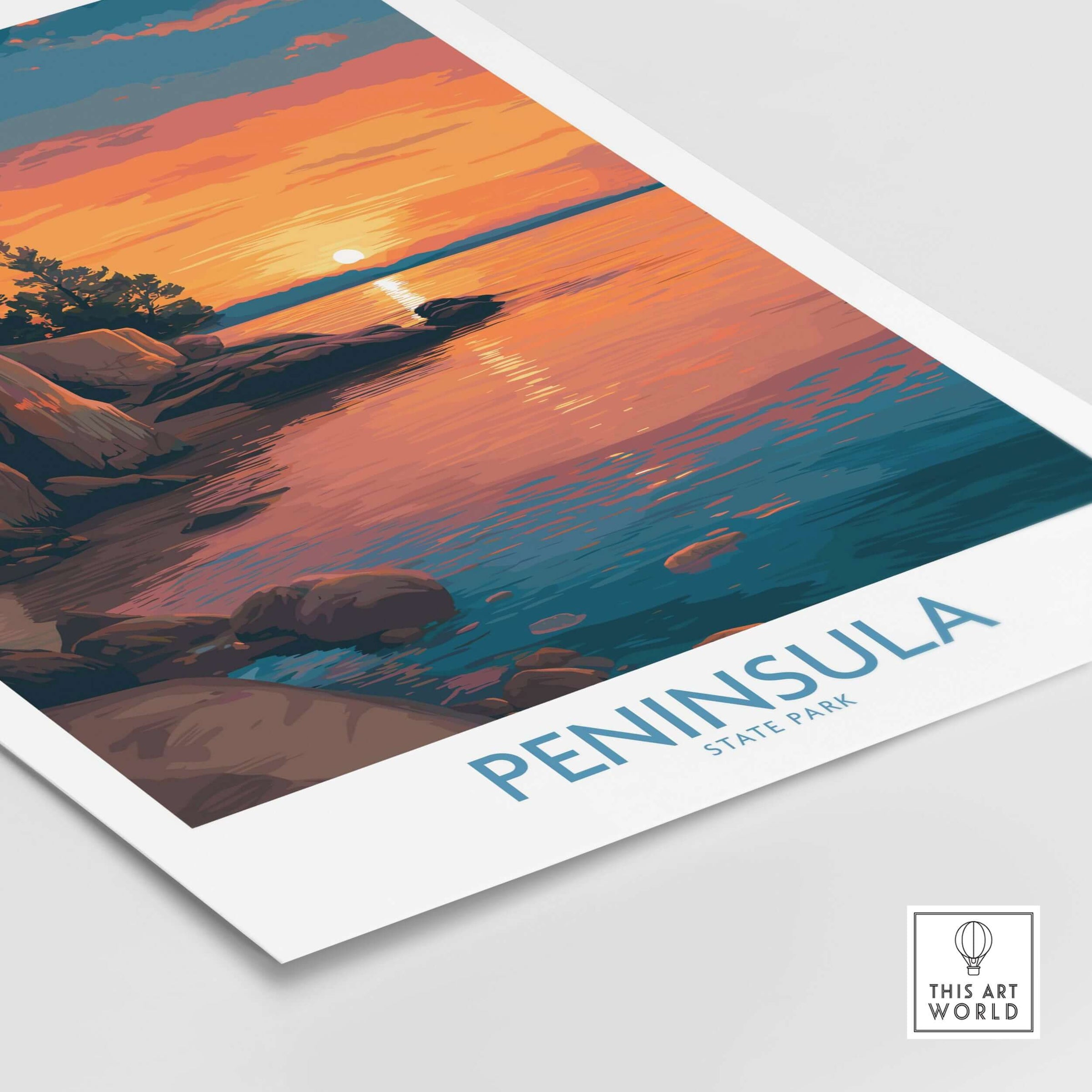 Peninsula State Park Golden Hour Lake View Poster - Wisconsin Travel Decor featuring a vibrant sunset over the water.