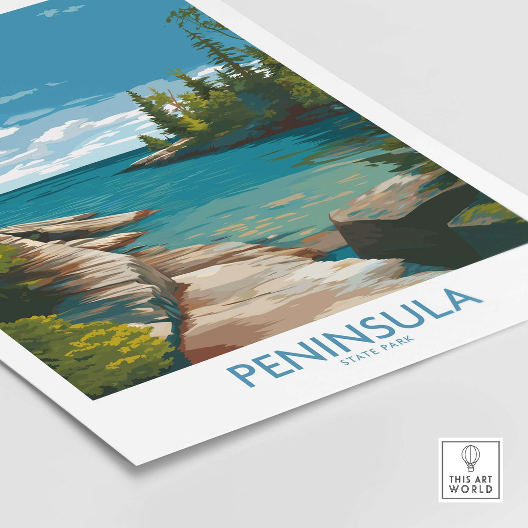 Peninsula State Park wall art featuring serene waters and forested coastline, perfect for nature lovers and home decor.