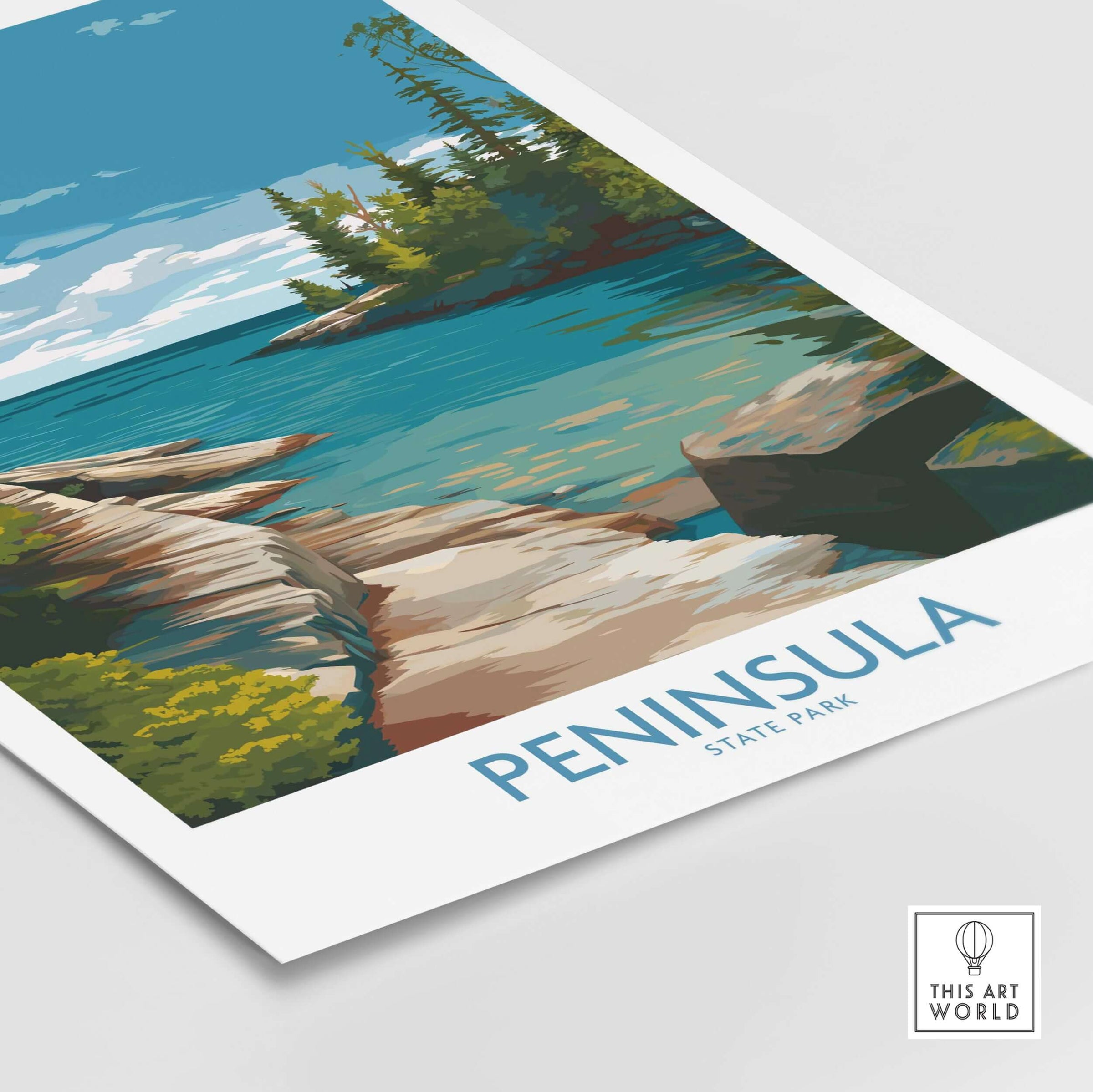 Peninsula State Park Green Bay Wall Art - Wisconsin State Park Decor showcasing scenic waterfront and lush greenery.