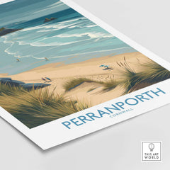 Perranporth Cornwall Ocean Waves Seascape Poster - UK Travel Destination depicting serene beach and ocean scene.