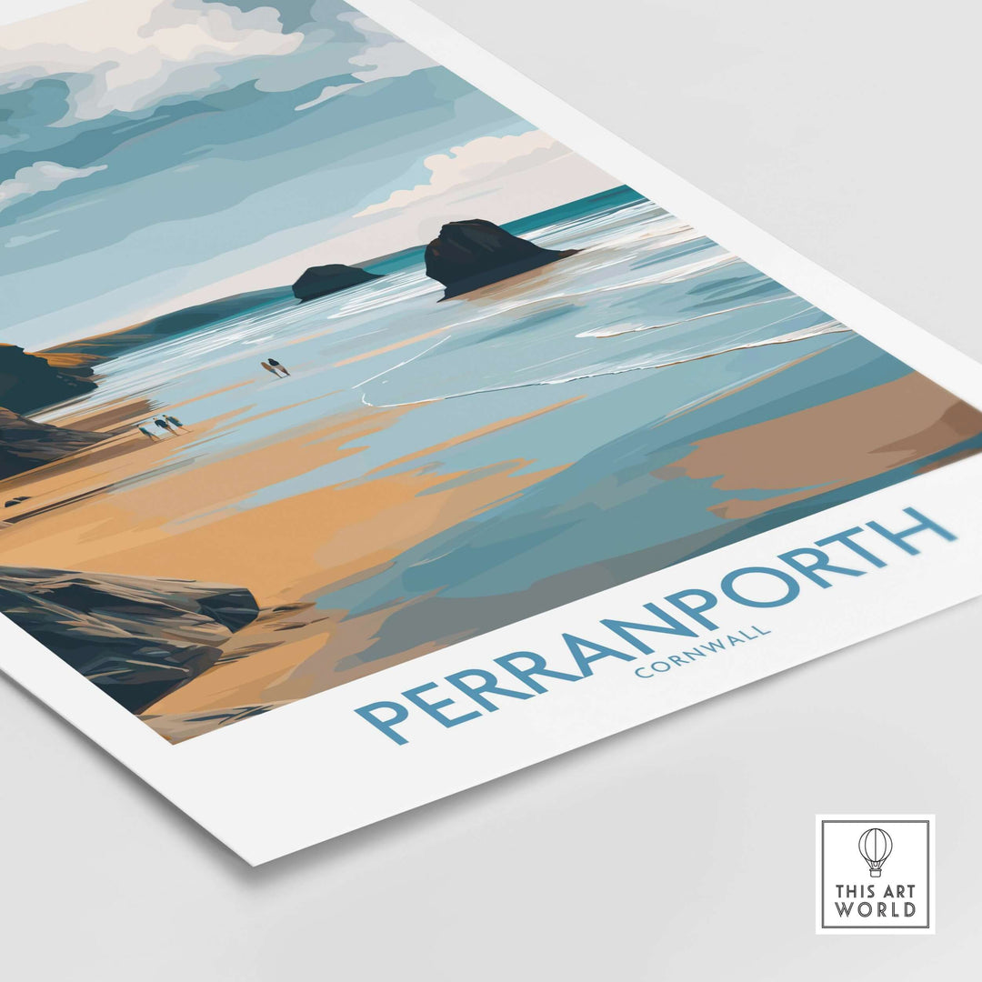 Perranporth Cornwall ocean walk wall art featuring sandy beach and footprints in UK seaside decor.