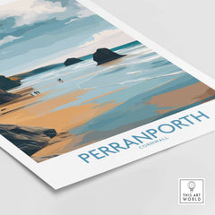 Perranporth Cornwall Ocean Walk Wall Art - UK Seaside Decor showcasing footprints on a sandy beach.