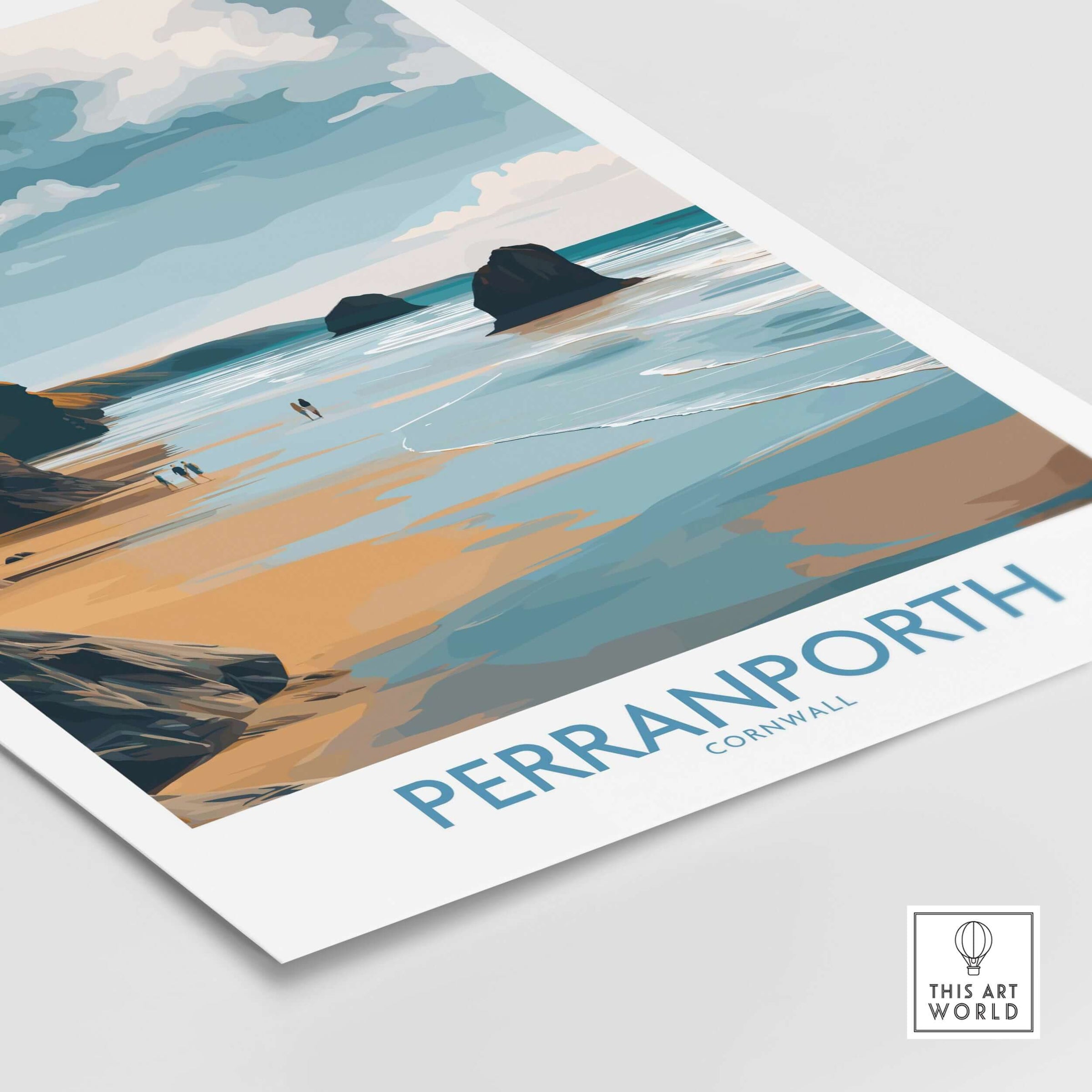 Perranporth Cornwall Ocean Walk Wall Art - UK Seaside Decor showcasing footprints on a sandy beach.
