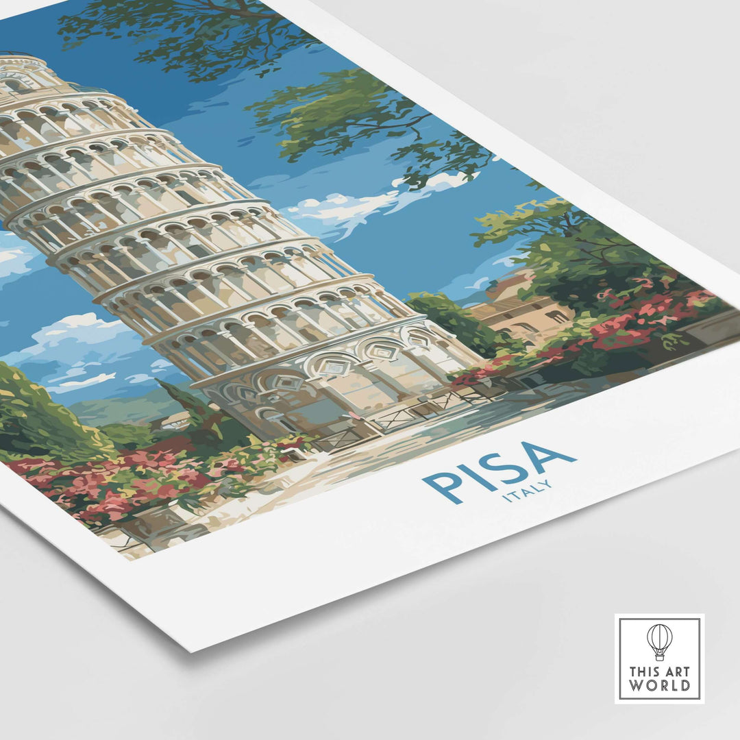 Pisa Italy poster featuring the Leaning Tower, surrounded by vibrant greenery and flowers, capturing Tuscany's historic charm.