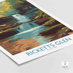 Ricketts Glen State Park Forest Waterfall Poster - Pennsylvania Nature Decor showcasing vibrant waterfall and lush landscape.