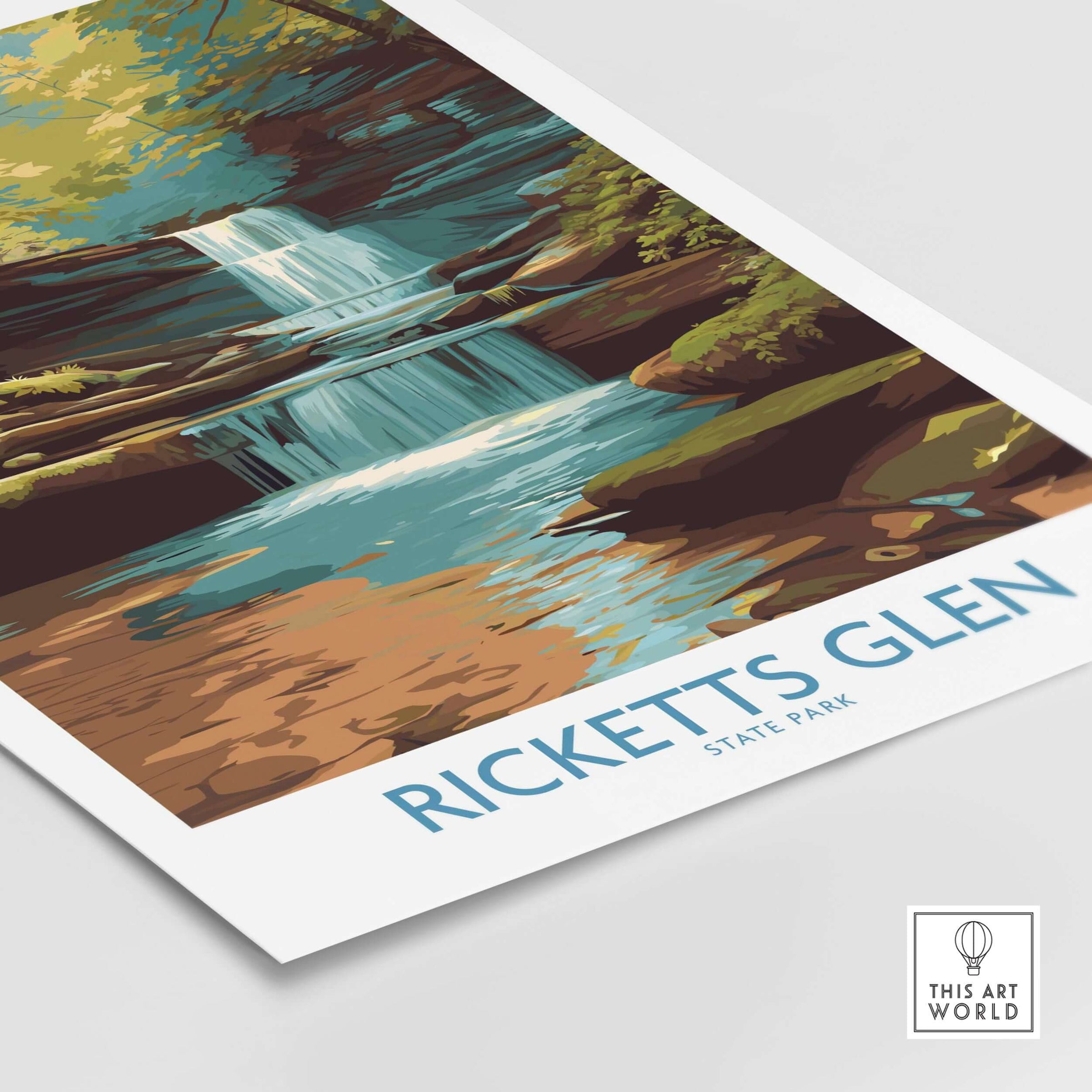 Ricketts Glen State Park Forest Waterfall Poster - Pennsylvania Nature Decor showcasing vibrant waterfall and lush landscape.