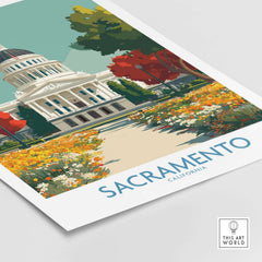 Sacramento California Capitol Poster - Historic Cityscape Print showcasing the iconic Capitol building with vibrant flowers.