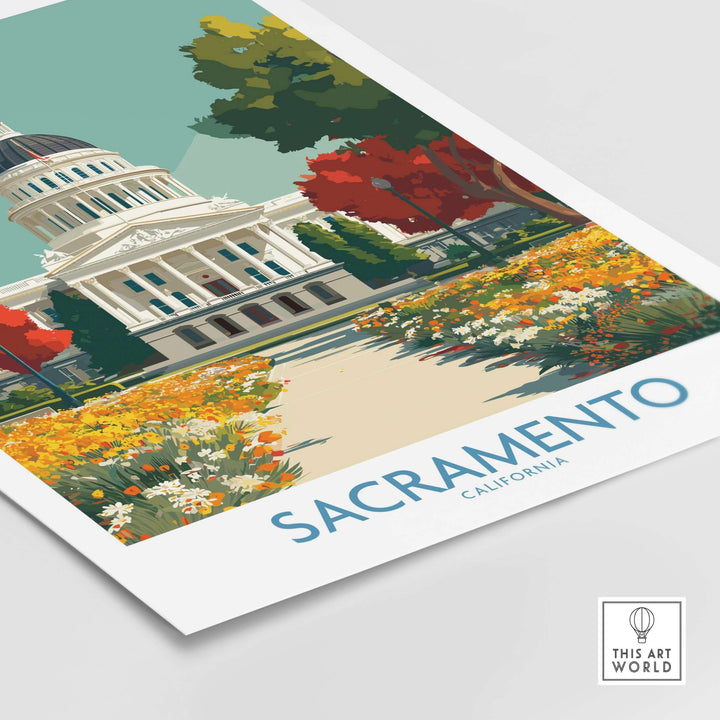 Sacramento California Capitol poster featuring vibrant flowers and historic architecture in a colorful print.