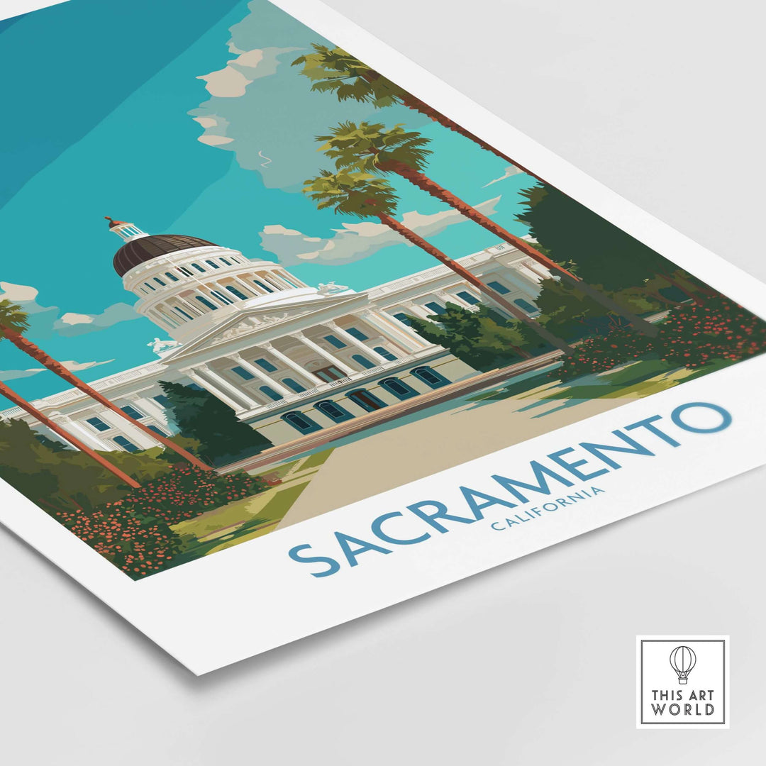 Sacramento poster featuring the California State Capitol, palm trees, and vibrant colors, perfect for wall art enthusiasts.