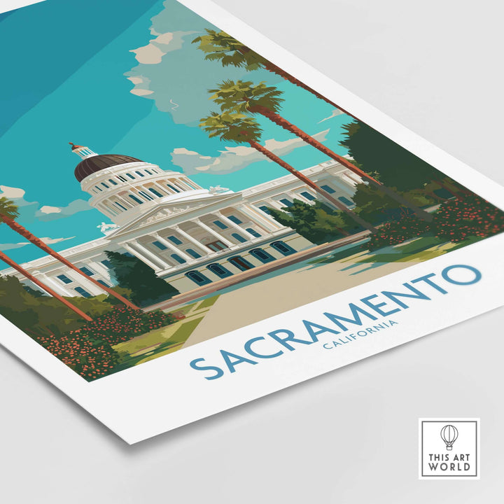 Sacramento poster featuring the California State Capitol, palm trees, and vibrant colors, perfect for wall art enthusiasts.