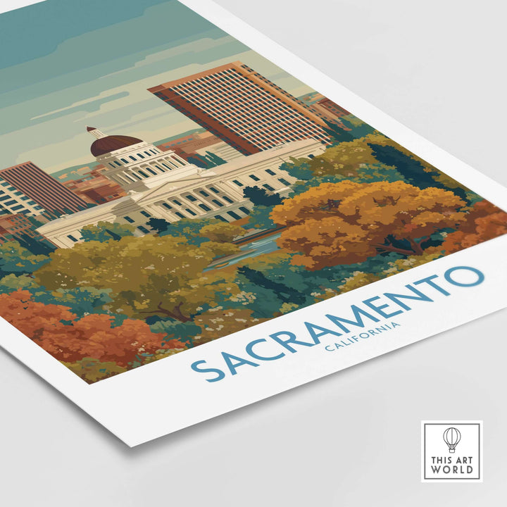 Sacramento California poster featuring iconic skyline and fall colors, celebrating the city's charm and history.