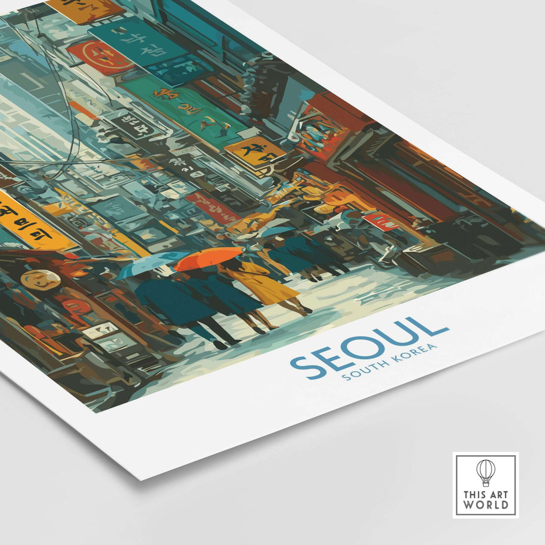 Vibrant Seoul city life art print featuring bustling streets and modern culture in South Korea.