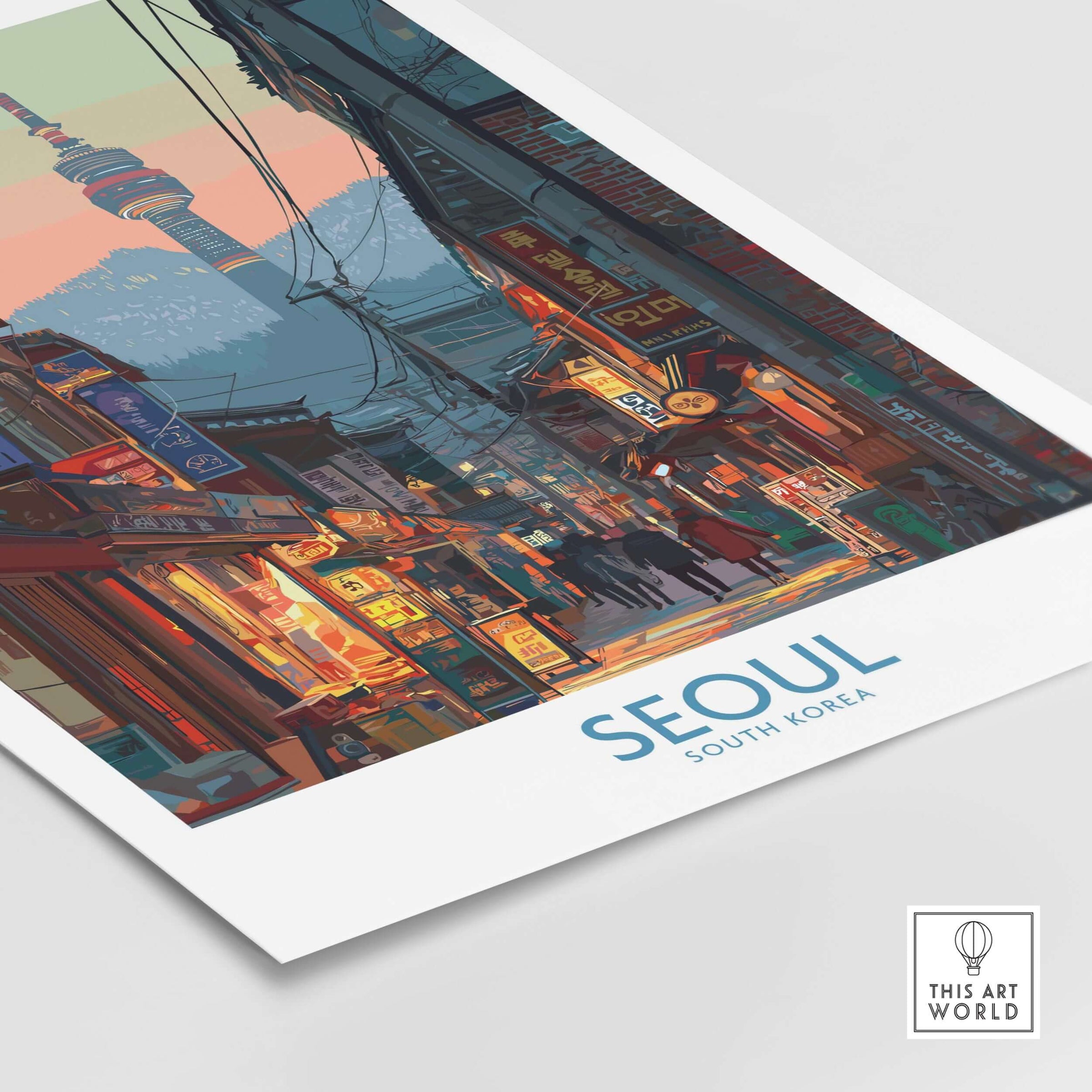Seoul South Korea Korean City Nightlife Poster - Seoul Travel Print showcasing vibrant urban energy and colorful streets.