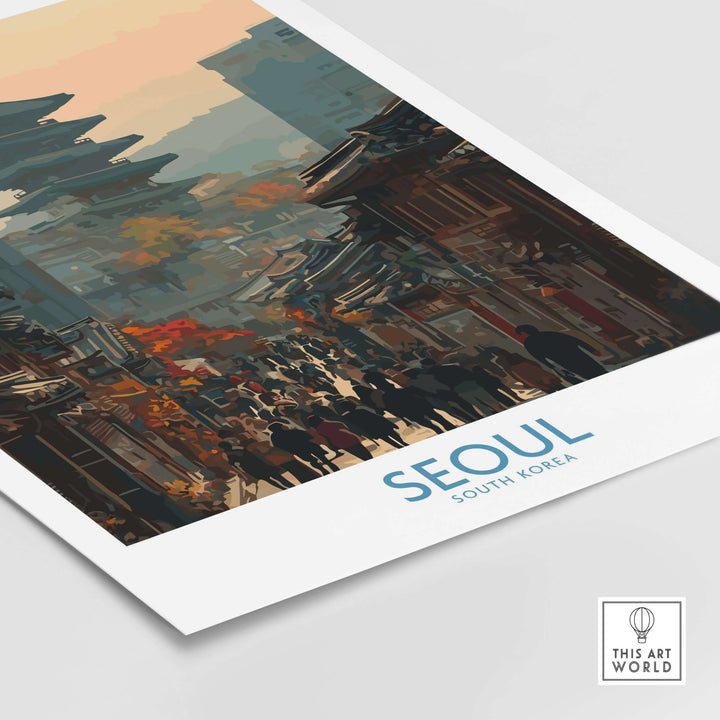 Seoul South Korea old town skyline wall art showcasing historic streets and vibrant autumn colors.