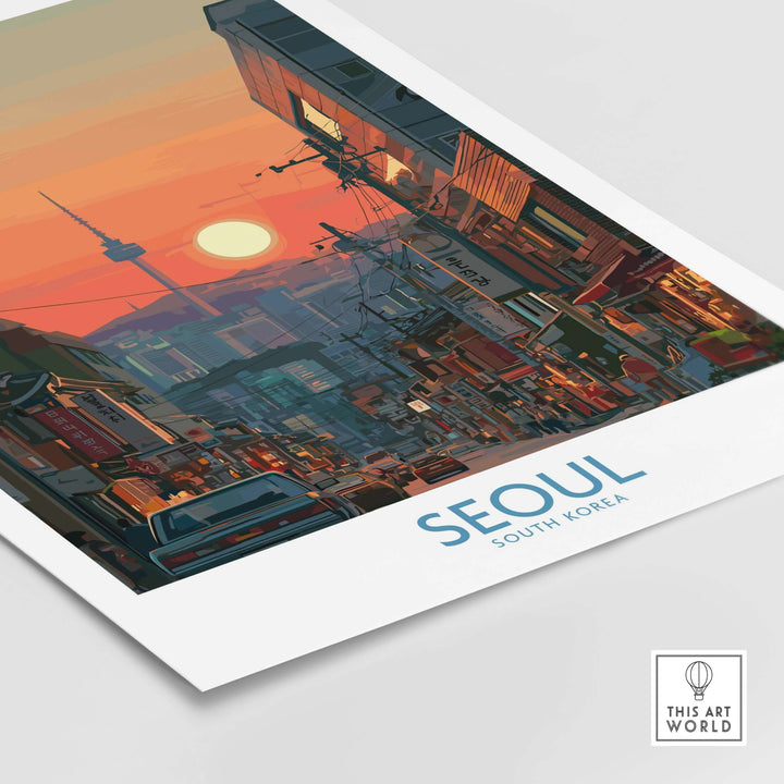 Seoul South Korea wall art travel poster featuring iconic skyline and vibrant sunset.