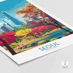 Seoul South Korea City Park Skyline Poster showcasing vibrant autumn colors and urban skyline.