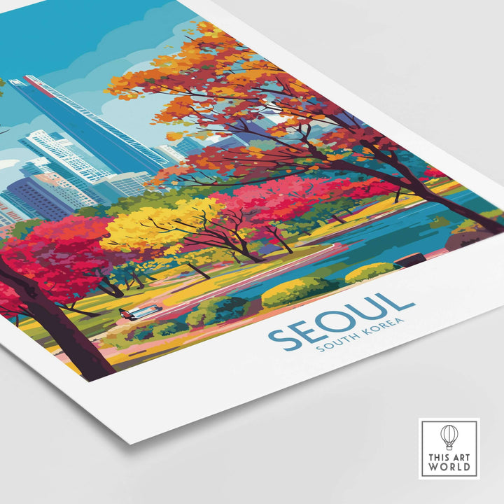 Seoul South Korea city park skyline poster featuring vibrant autumn colors and urban architecture.