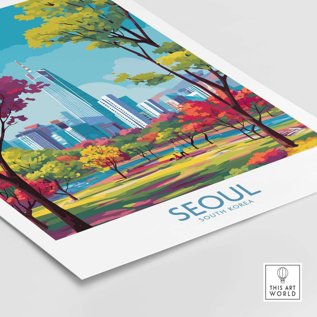Vibrant Seoul Wall Art showcasing South Korea's capital with iconic skyline and colorful trees.