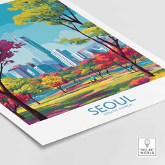 Seoul Wall Art - South Korea Print featuring vibrant illustrations of Seoul's skyline and parks.