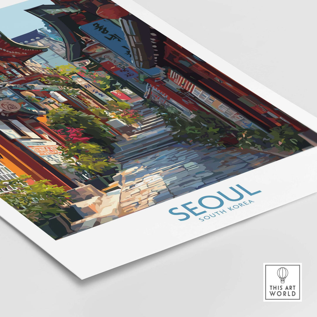 Bukchon Hanok Village poster featuring a charming street scene in Seoul, South Korea with vibrant colors and traditional architecture.