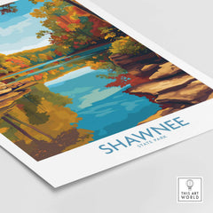 Shawnee State Park Colorful Trees Landscape Poster - Ohio Nature Travel Decor showcasing vibrant foliage and tranquil waters.