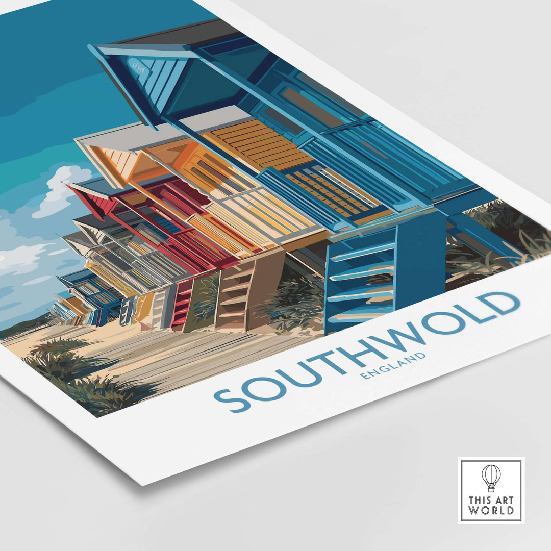 Vibrant Southwold England seaside poster featuring colorful beach huts and blue skies, perfect for coastal decor.