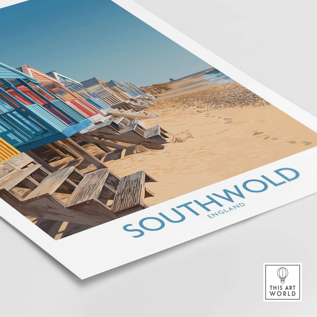 Southwold England travel poster featuring colorful beach huts and sandy coastline.