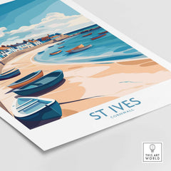 St Ives Cornish Harbor Wall Art - Cornwall Coastal Travel Destination Decor featuring colorful boats on the beach.
