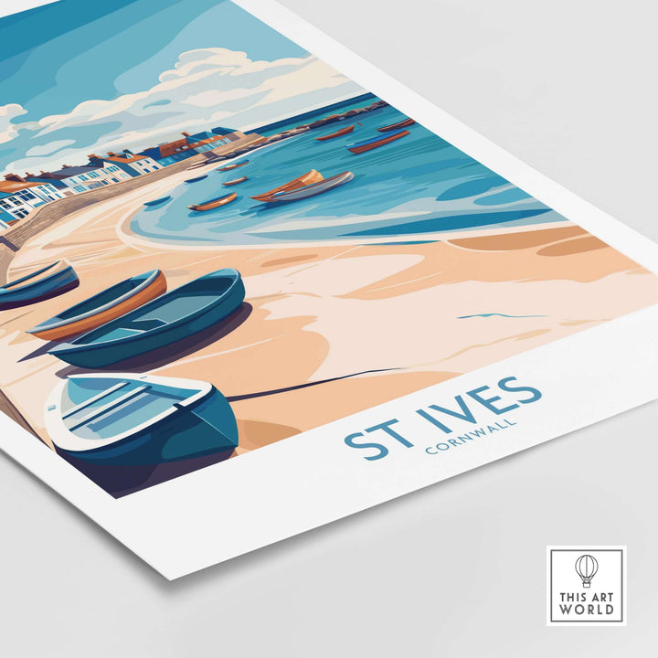 St Ives Cornish Harbor wall art depicting colorful boats and sandy beach, perfect coastal decor for seaside lovers.