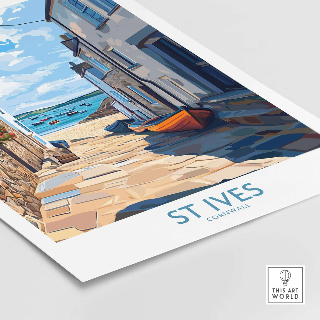 St Ives Cornwall wall art showcasing harbor boats and cobbled streets, capturing coastal village charm.