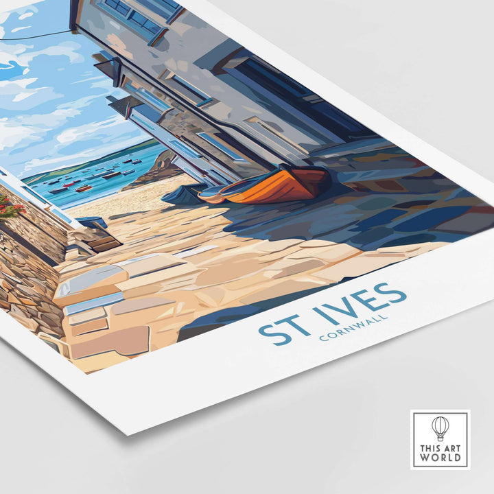 St Ives Cornwall wall art showcasing harbor boats and cobbled streets, capturing coastal village charm.