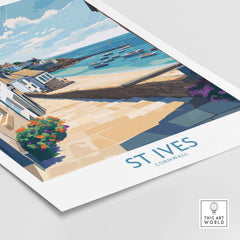 St Ives Cornwall Coastal Alleyway Wall Art - Cornish Travel Destination showcasing a charming coastal view with boats and flowers.