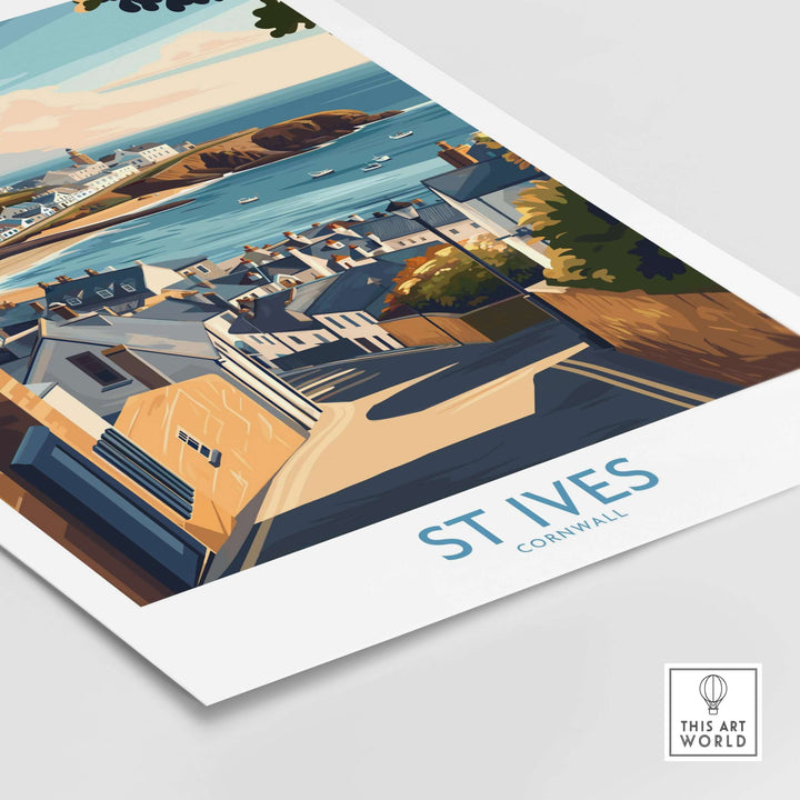 St Ives Cornwall seaside street poster showcasing coastal village and charming cottages, perfect for home decor.