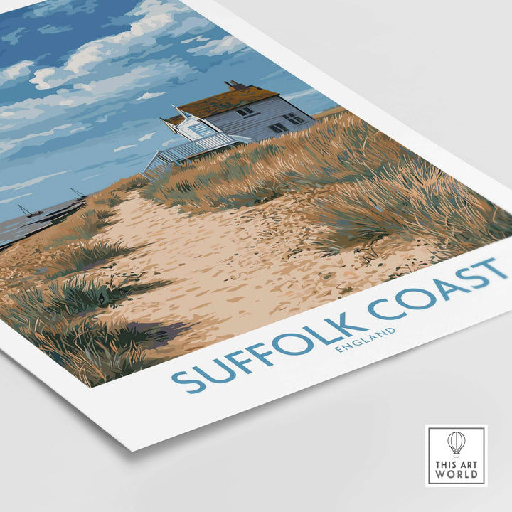 Suffolk Coast poster featuring a serene shoreline path and coastal house, showcasing England's rural landscape.