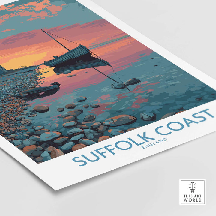 Suffolk Coast poster depicting a tranquil evening seascape with rocky shoreline and boat, perfect for travel decor.