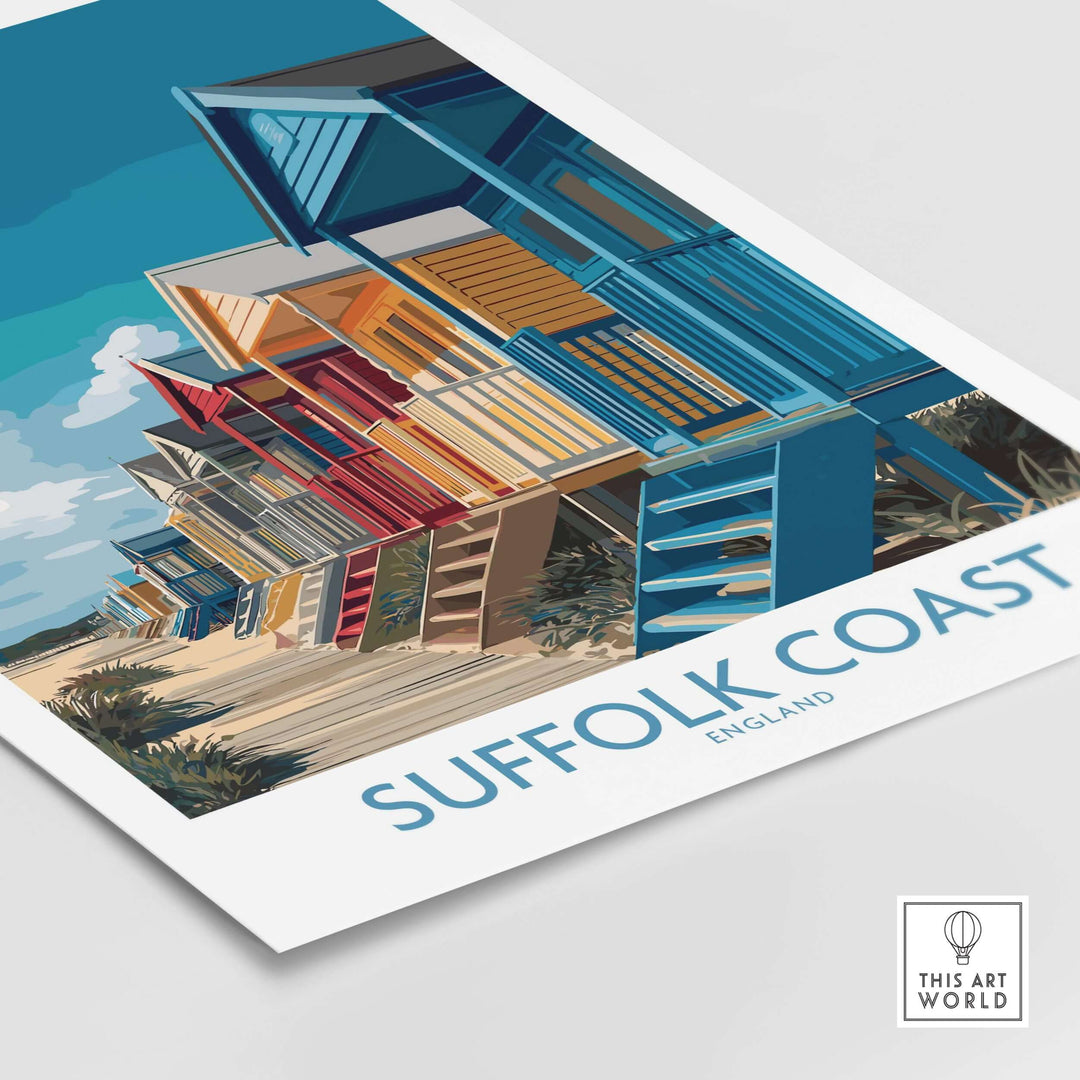 Suffolk Coast England classic beach cabins poster featuring colorful huts and coastal decor.