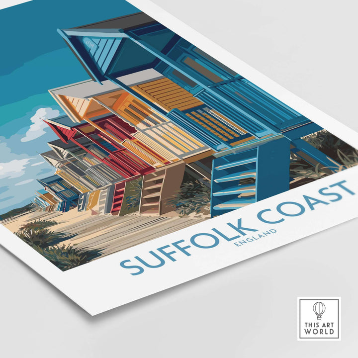 Suffolk Coast England classic beach cabins poster featuring colorful huts and coastal decor.