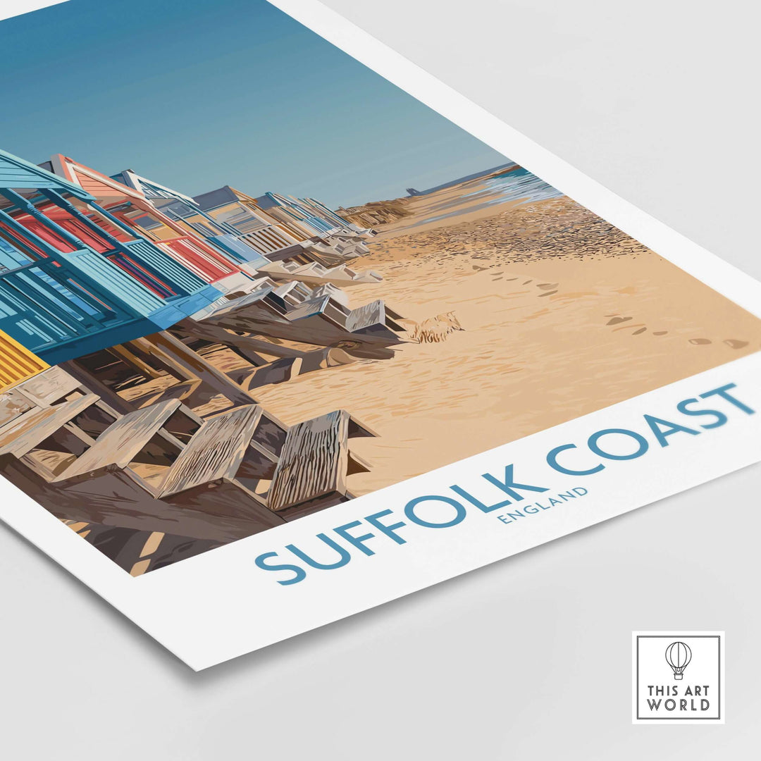 Bright beach wall art showcasing colorful beach huts along the Suffolk Coast, England.