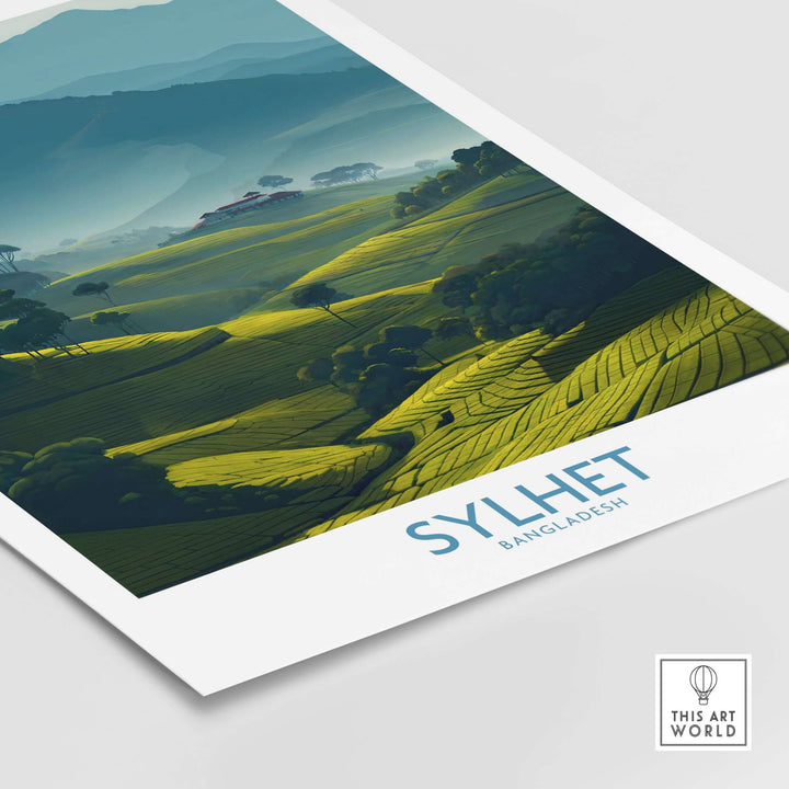 Sylhet Bangladesh poster featuring lush tea plantation fields and rolling hills in vibrant greenery.