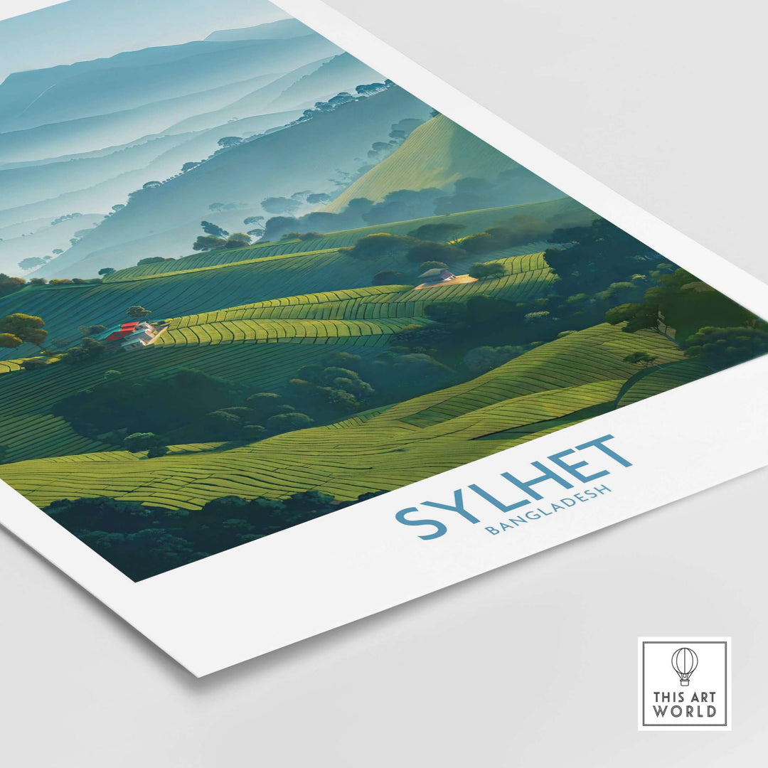 Sylhet Bangladesh tea plantation wall art featuring lush green fields and serene landscapes, perfect for travel-themed decor.