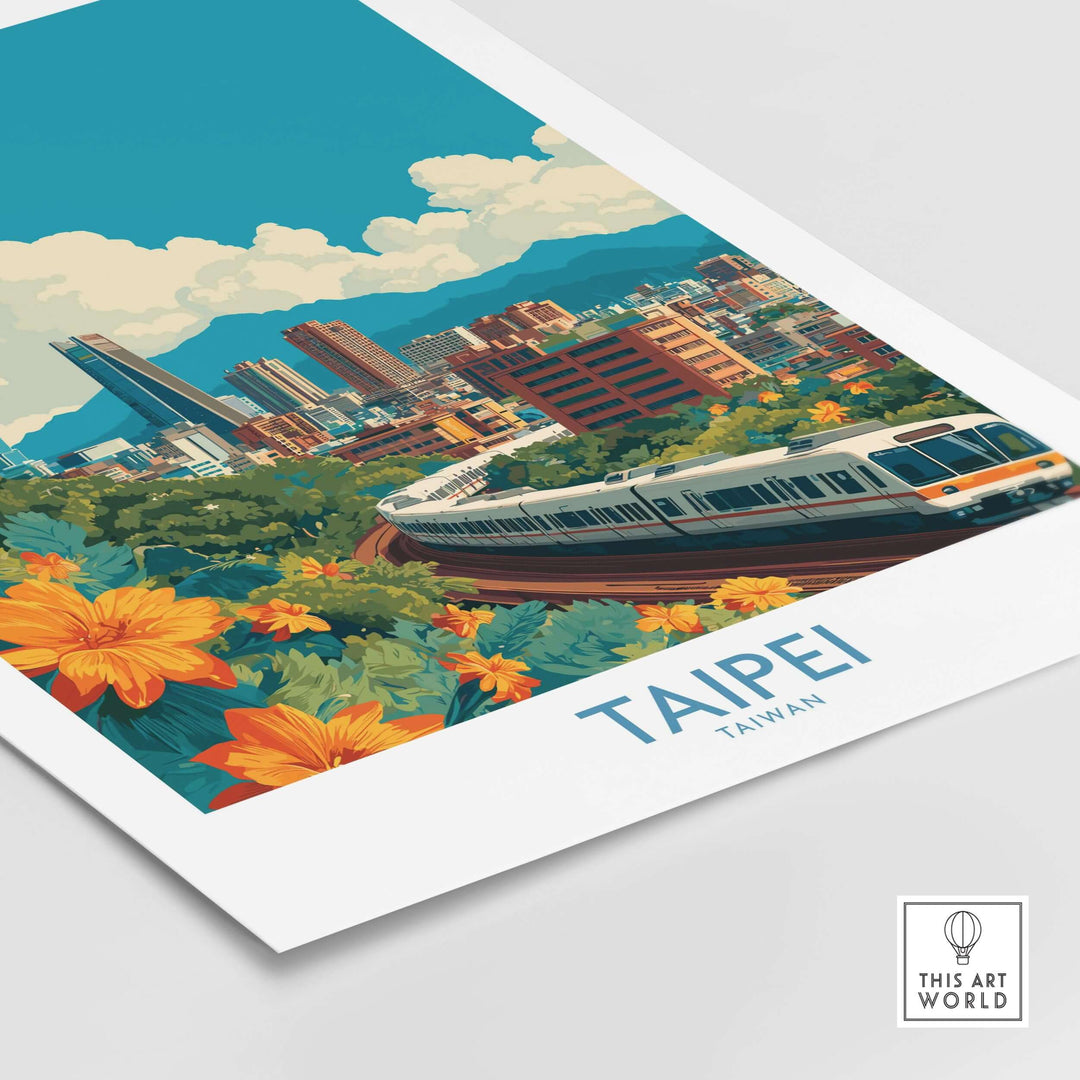 Taipei travel poster featuring the city skyline, vibrant flowers, and metro train in a modern art style.